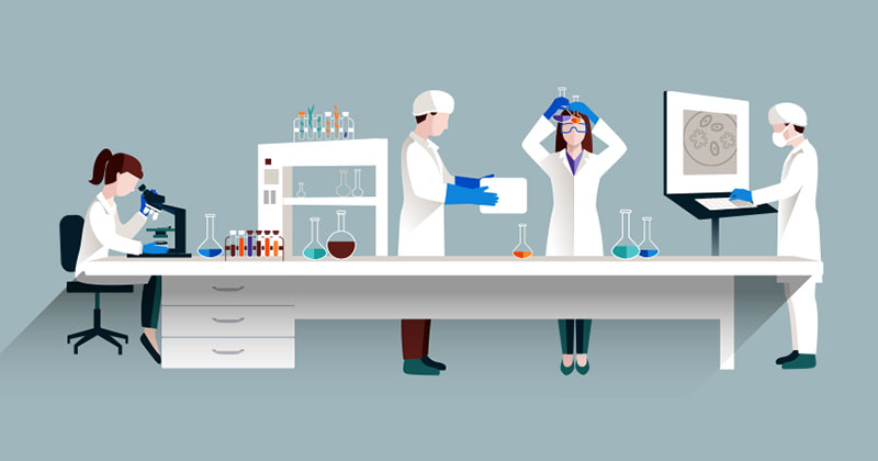 Científicos en laboratorio de investigación y desarrollo.